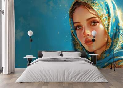 Virgin Mary in Blue Robe: Beautifully Illustrated Religious Artwork Wall mural