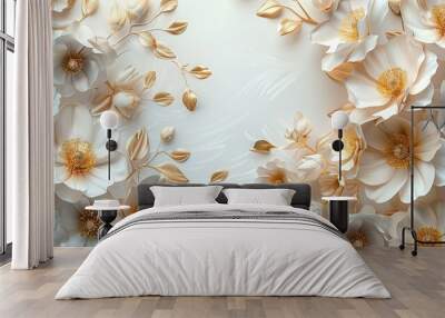 white and gold flowers wedding invitation background  Wall mural