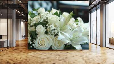 White Roses and Lilies in Hearse at Funeral - A somber scene captured with beauty and respect. Wall mural