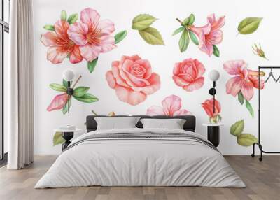 Pink white rose vintage azalea lily flowers set isolated on white background. Watercolor colored  pencil  illustration. Wall mural