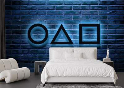 Simple square, circle, triangle for game logo design vector. Glowing blue neon lamps on blue brick wall background indoors 3D rendering. Wall mural