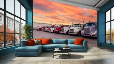 Lined up Semi trucks on a parking lot at logistics warehouse with orange sunset sky. Wall mural