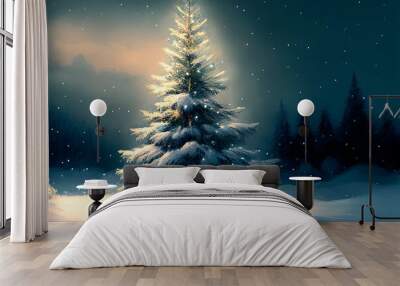 Christmas night with  pine tree covered with snow. Winter forest landscape scenery. New year eve background wallpaper. Wall mural