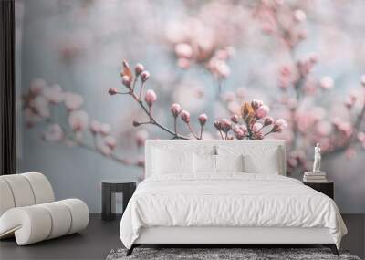 Closeup of spring pastel blooming flower in orchard. Macro cherry blossom tree branch. Wall mural