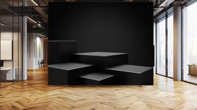 elegant black cube stand for product placement mockup. dark podium exhibition scene background. mini Wall mural