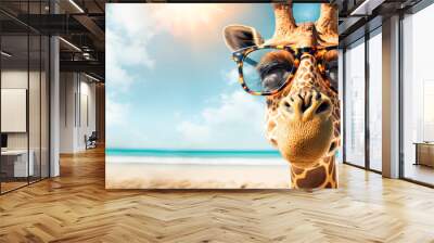 Funny giraffe with sunglasses on the tropical beach. Travel background with silly animal on summer holiday. Wall mural