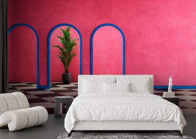 Pink empty wall in luxury home with painted concrete walls, floor tiles, arch and tropical plants. Interior design room with vibrant and bold colors. Modern minimal architecture concept. Wall mural