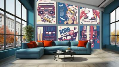 Memphis cards with geometric elements and retro illustrations. Set of vector banners in trendy 80s-90s memphis style. cover design, advertising, poster and greeting card. graphic tee and printed tee Wall mural