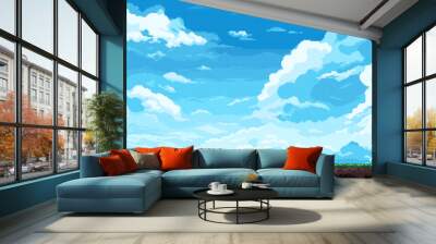 Pixel art sky background, clouds, blue sky, 8 bit game level, vector Wall mural