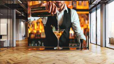 Barman making cocktail at night club. Bartender pouring alcohol from shaker into martini glass. Beverage life style concept, Generative AI Wall mural