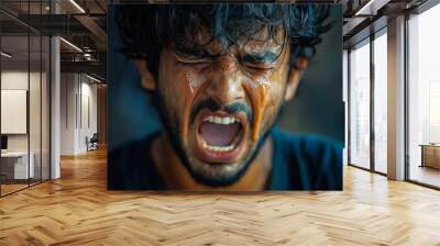 Indian young man crying like a baby, Generative AI Wall mural