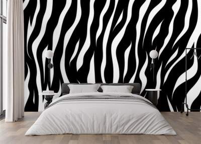 Seamless vertical zebra skin or tiger stripe pattern.Tileable black and white safari wildlife animal print background texture. Monochrome warbled abstract wavy wonky glitch lines fur coat,Generative A Wall mural