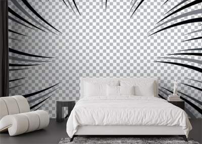 Transparent manga background. Comic explosion, motion speed vector radial line action effect. Anime comic book abstract frame with black pattern of superhero action lines. Wall mural