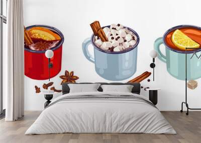 hand drawn hot drinks. red cup of mulled wine, cup of cocoa drink with marshmallows, cup of tea with Wall mural