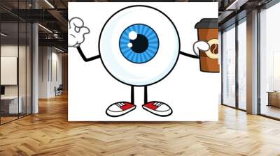 Blue Eyeball Guy Cartoon Mascot Character Holding A Take Out Cup And Gesturing Ok Wall mural