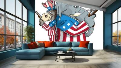 Democrat Donkey vs Republican Elephant Cartoon Characters Hold Pistols In A Duel. Vector Hand Drawn Illustration Isolated On Transparent Background Wall mural