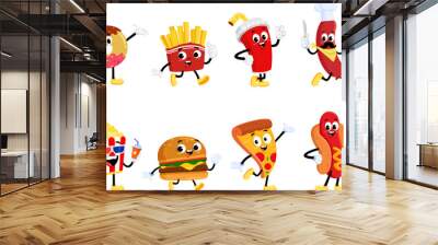 Fast Food Retro Cartoon Characters. Vector Flat Design Collection Set Isolated On Transparent Background Wall mural