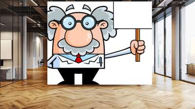 Funny Science Professor Cartoon Character Holding A Blank Sign. Vector Hand Drawn Illustration Isolated On Transparent Background Wall mural