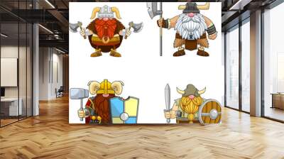 Gnome Viking Warrior Cartoon Character. Vector Hand Drawn Collection Set Isolated On Transparent Background Wall mural