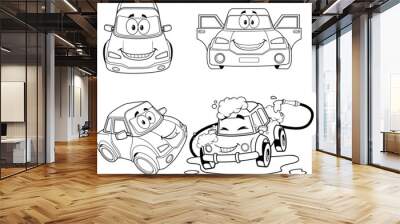 Outlined Car Cartoon Character Poses. Vector Hand Drawn Collection Set Isolated On White Background Wall mural