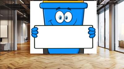 Smiling Blue Recycle Bin Cartoon Mascot Character Holding A Blank Sign. Hand Drawn Illustration Isolated On Transparent Background  Wall mural