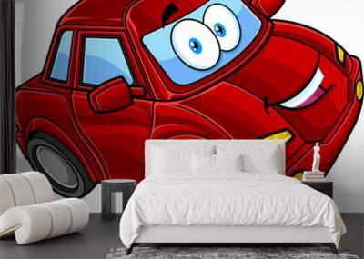 Smiling Cute Red Car Cartoon Character. Vector Hand Drawn Illustration Isolated On Transparent Background Wall mural