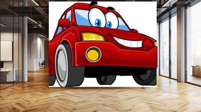 Smiling Red Car Cartoon Character. Vector Hand Drawn Illustration Isolated On Transparent Background Wall mural