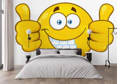 Smiling Yellow Cartoon Emoji Face Character Giving Two Thumbs Up. Hand Drawn Illustration Isolated On Transparent Background Wall mural