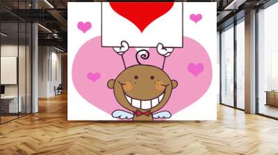 stick black boy cupid holding a red heart sign Wall mural