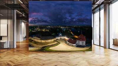 aerial seamless spherical 360 night panorama overlooking old town, historic buildings and medieval castle at sunset in equirectangular projection Wall mural