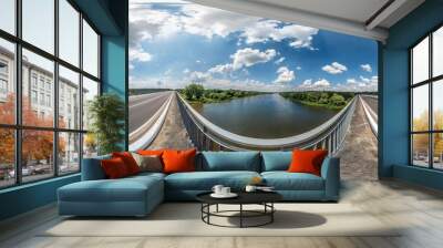 full seamless spherical hdri panorama 360 degrees  angle view on concrete bridge near asphalt road across river in sunny summer day in equirectangular projection, AR VR virtual reality content Wall mural