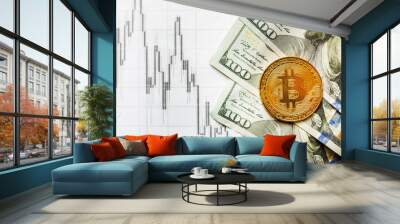 virtual money golden bitcoin on hundred dollars bills and paper forex chart background. Exchange bitcoin cash for a dollar. Wall mural