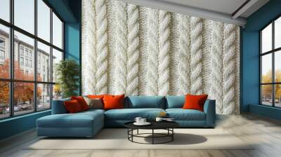 White Knitted wool texture of a fabric with cable knit pattern Wall mural