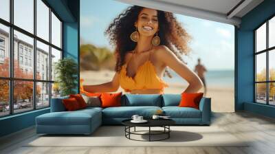 Beautiful Dominican Woman happy dancing at the beach, generative ai Wall mural