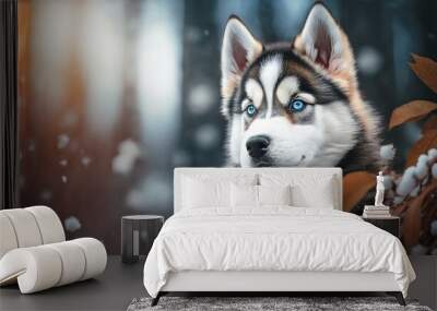 Beautiful husky baby or puppy portrait in winter nature generative ai Wall mural