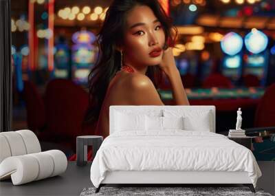 Beautiful young asian woman in red dress sitting and posing on a casino table in a casino, beautiful colors, genertaive ai Wall mural