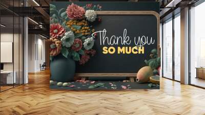 Blackboard thank you message dark background concept with flowers generative ai Wall mural