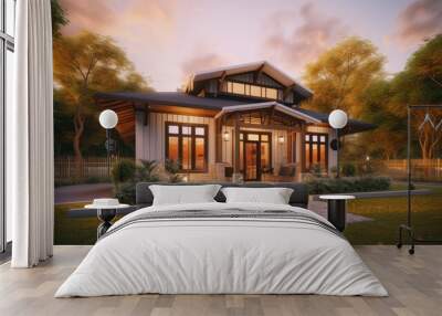 Bungalow exterior house design in daytime golden hour generative ai Wall mural