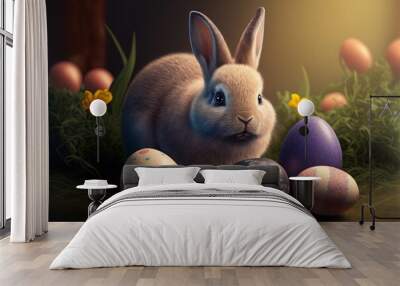 Cute Easter Egg Bunny and Painted Easter Eggs in Nature Wall mural