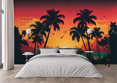 Picturesque beach landscape with tropical palm trees at sunrise minimalist vector style Wall mural