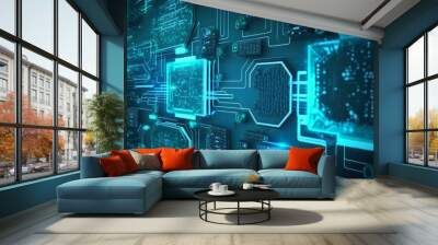 Technology network data abstract cyber information security background matrix generative ai Wall mural