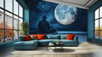 A man sits in a boat on a lake at night, with the sky full with stars and a giant full moon. Wall mural