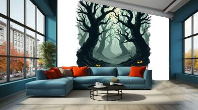 A scary forest with two eyes peeking out of the trees. The forest is dark and eerie. Wall mural