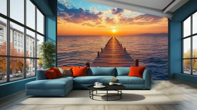 A wooden pier with the backdrop of a sunset Wall mural