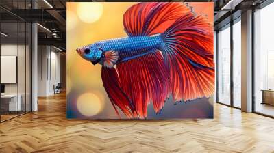 Betta fish with a scarlet tail and blue fins, surrounded by a colourful background Wall mural