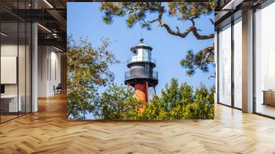 Close up of the Crooked River lighthouse in Carrabelle Florida framed by trees and a beautiful clue sky Wall mural