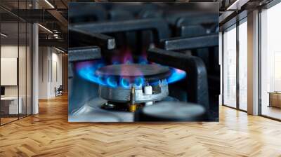 Gaz brûlant avec des flammes bleues sur le brûleur d'une cuisinière à gaz. Concept d'empreinte carbone et de prix du gaz naturel sur le marché Wall mural