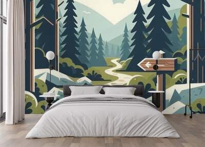 Flat illustration of forest trail camping campaign Wall mural