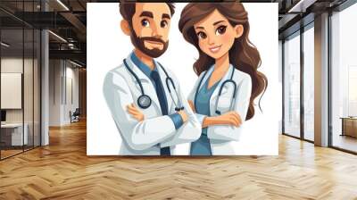 Portrait Cute Two Doctors On White Background, Illustrations Images Wall mural