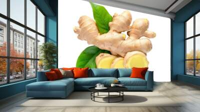 Sliced Ginger With Leaves Isolated On White Background Wall mural